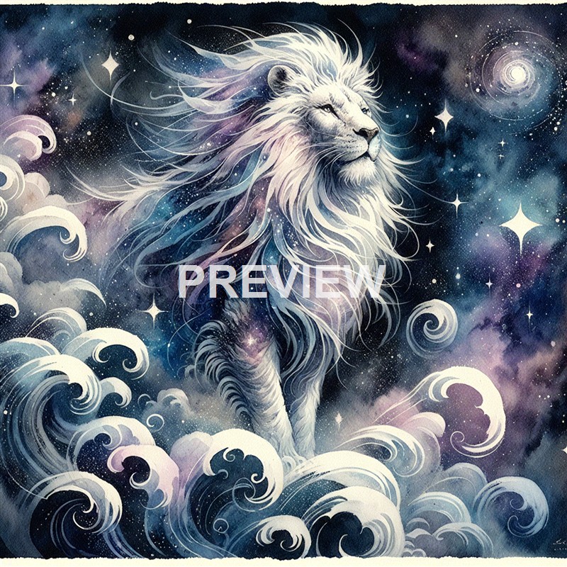 A majestic lion with a flowing mane appears to be made of swirling clouds and cosmic elements, set against a starry, nebula-filled background.